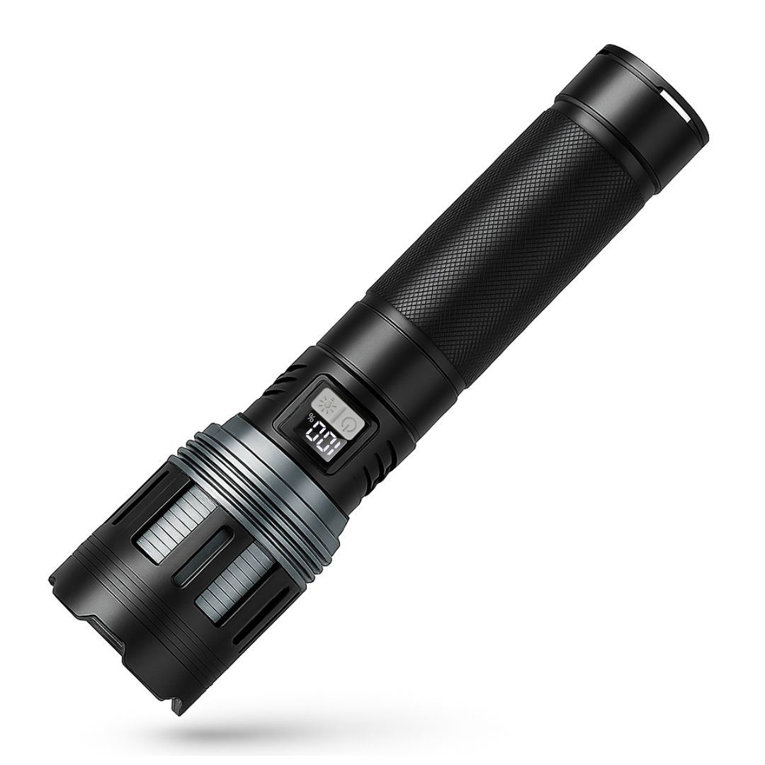 Linterna Táctica LED Recargable 3000 m con Zoom, Luz Trasera, Power Bank, Pantalla Digital y 5 Modos